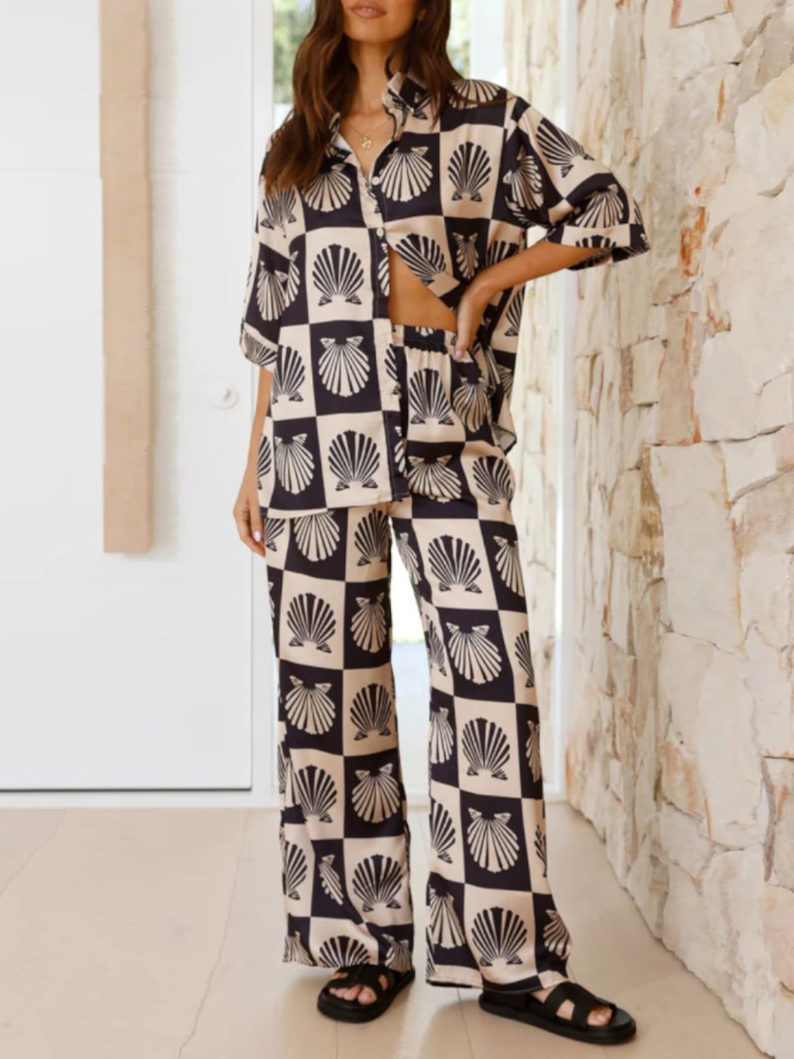 Printed Collared Neck Top and Wide Leg Pants Set - felvior