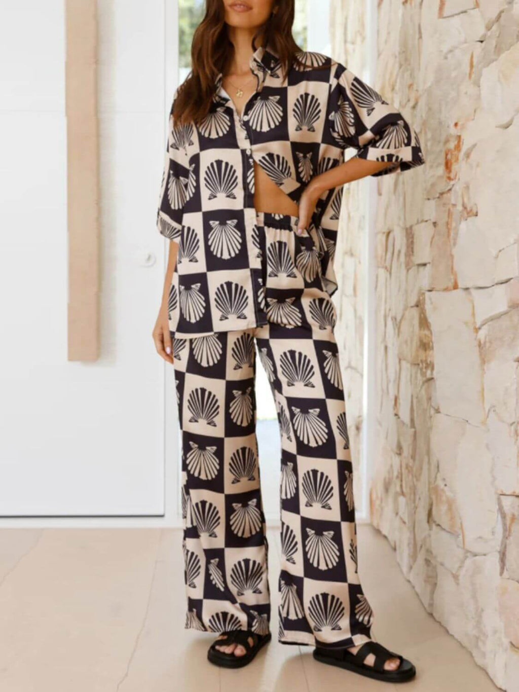Printed Collared Neck Top and Wide Leg Pants Set