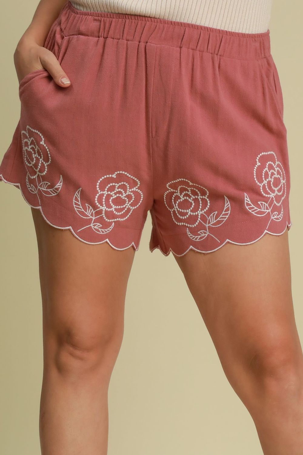 Umgee Full Size Linen Blend Shorts with Floral Embroidered Details Plus Size - felvior