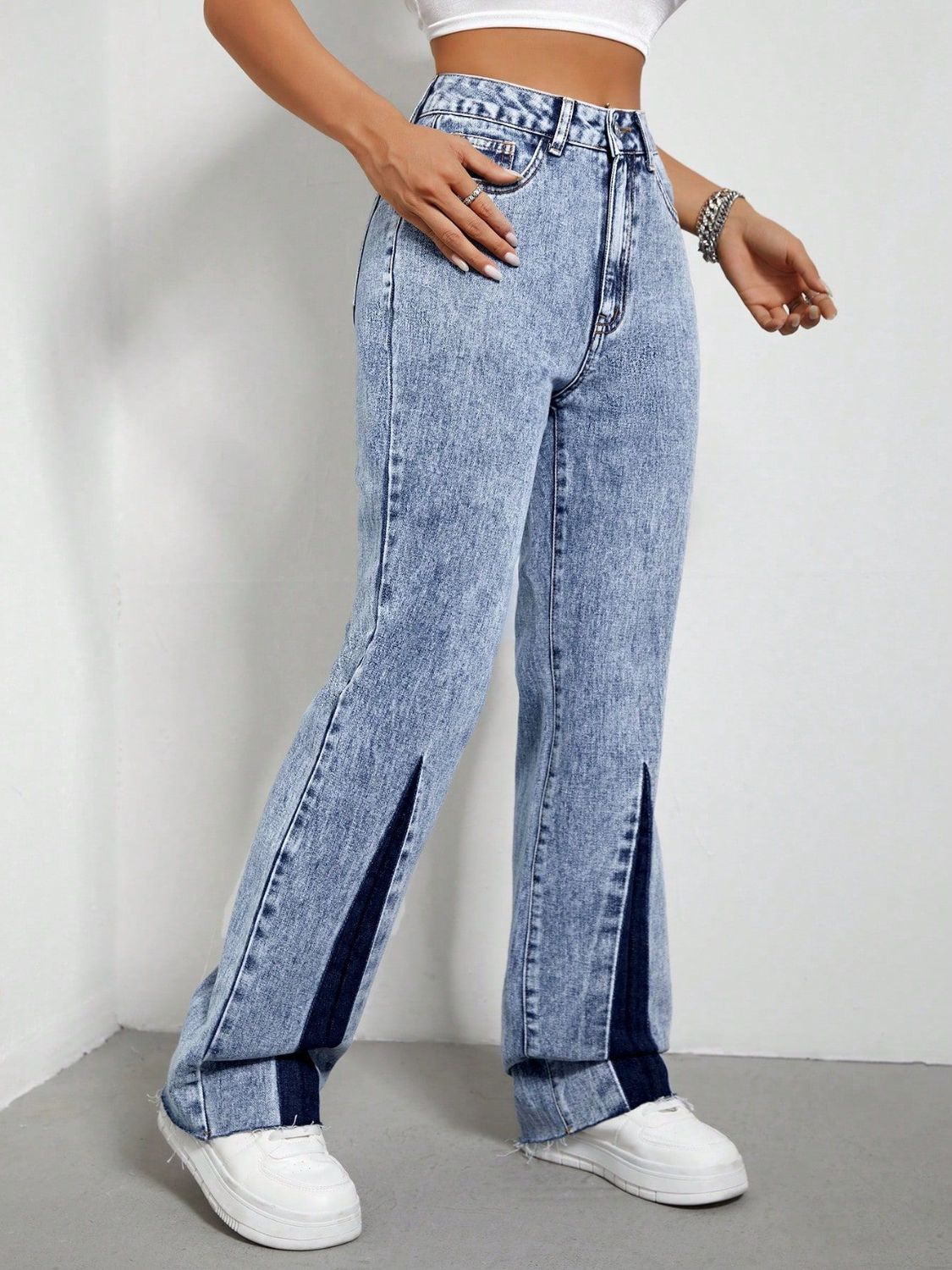 Contrast Bootcut Jeans with Pockets - felvior