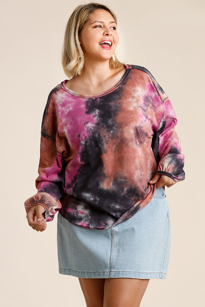 Umgee Full Size Tie Dye Round Neck Long Balloon Sleeve Top Plus Size - felvior