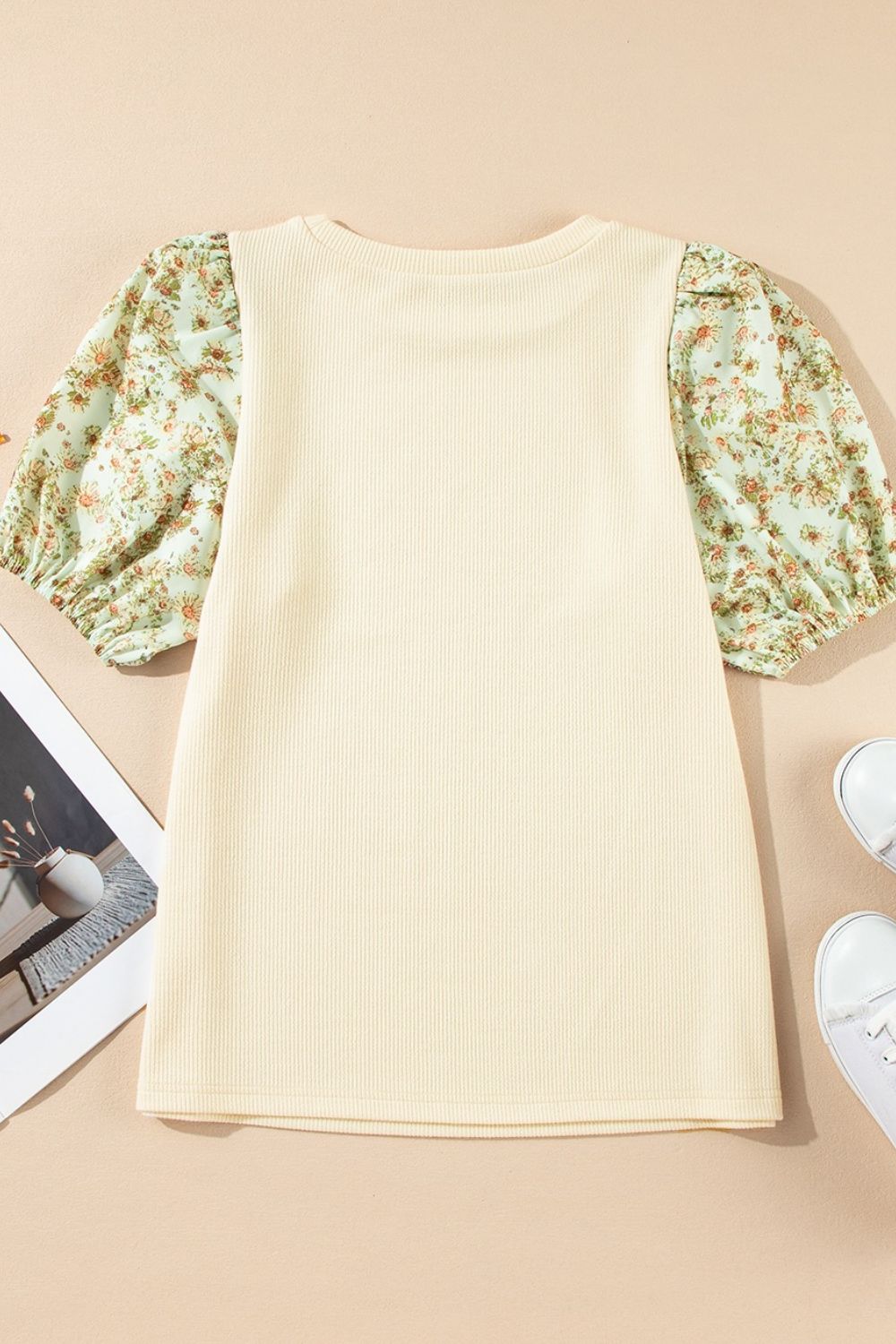 Floral Puff Sleeve Ribbed Blouse - felvior