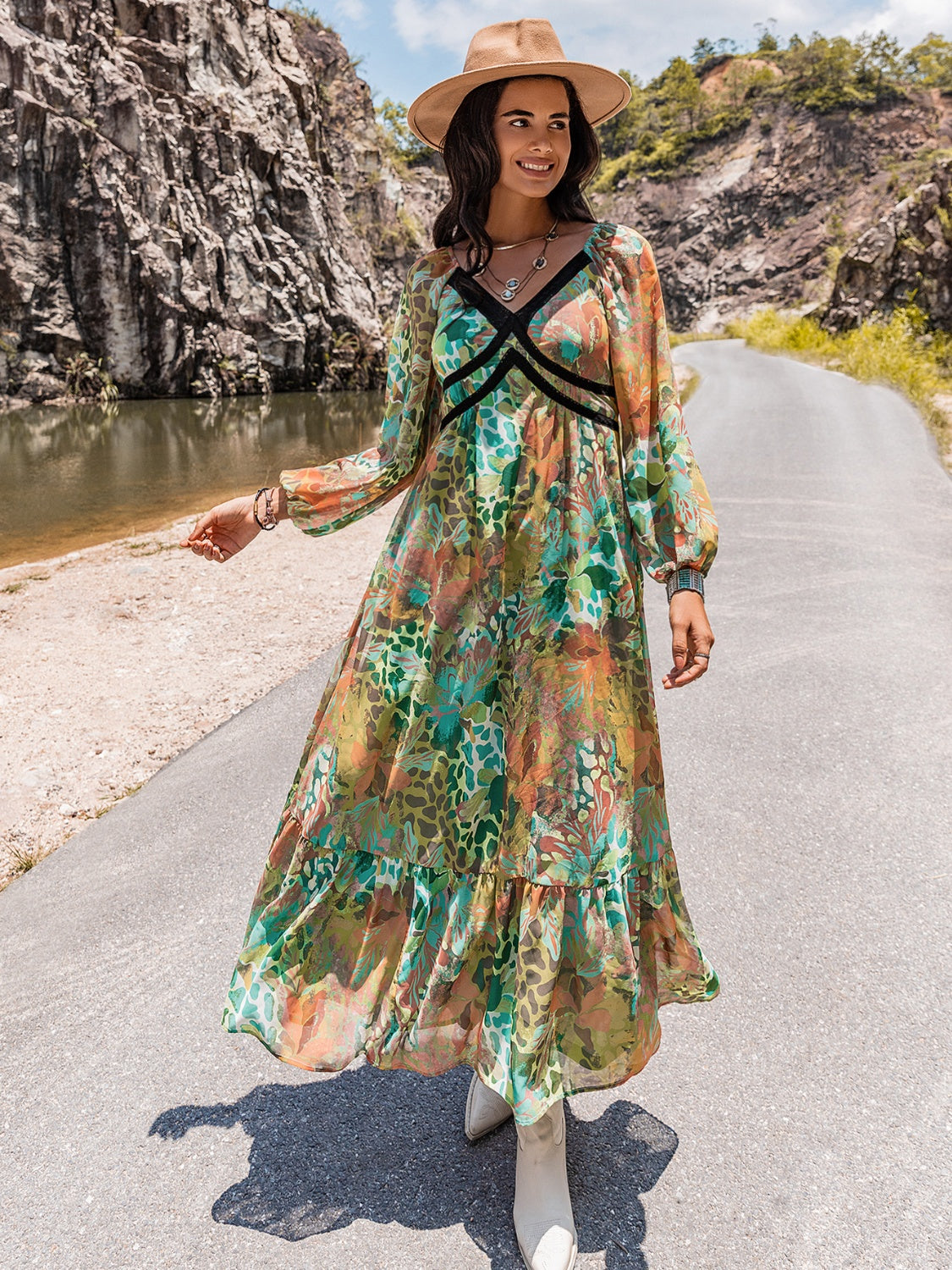 Printed V-Neck Long Sleeve Dress - felvior