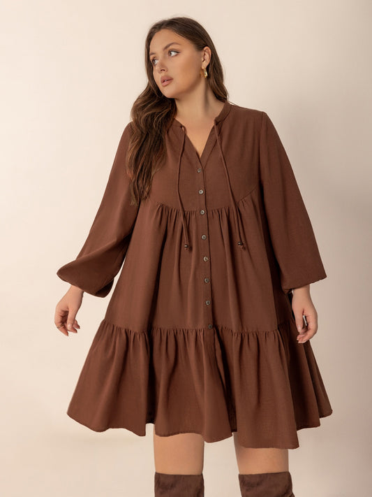 Plus Size Tie Neck Balloon Sleeve Tiered Dress - felvior