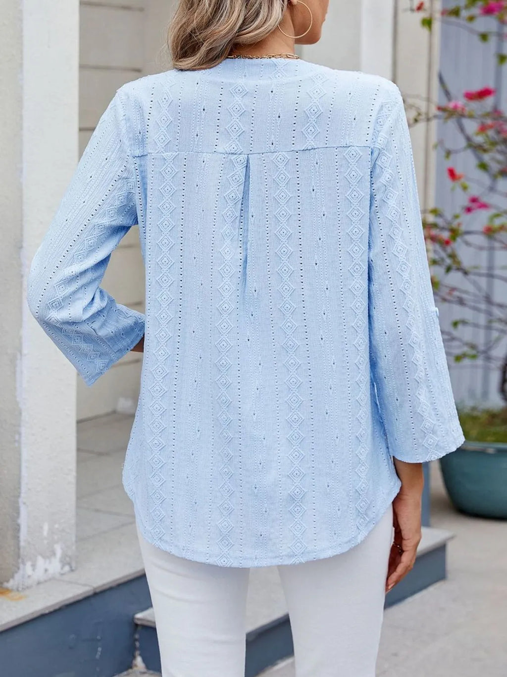 Eyelet Notched Roll-Tab Sleeve Top