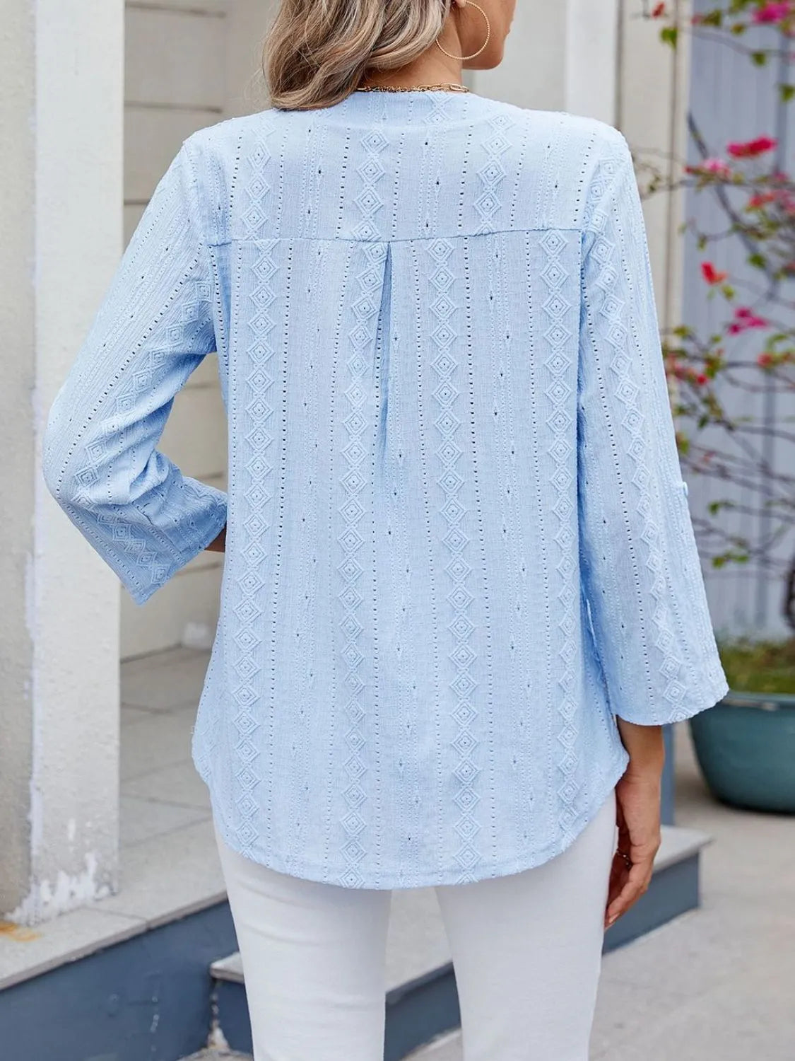 Eyelet Notched Roll-Tab Sleeve Top