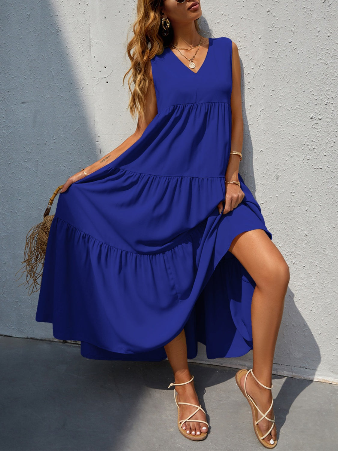 FAM-FAM Tiered V-Neck Sleeveless Dress - felvior