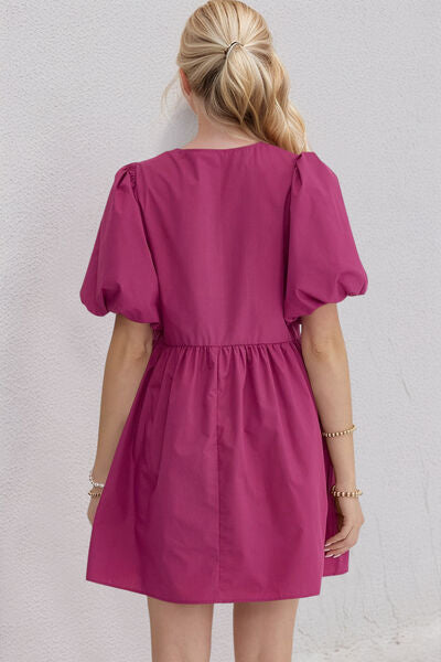 Oh Bow Ruched Puff Sleeve Mini Dress - felvior