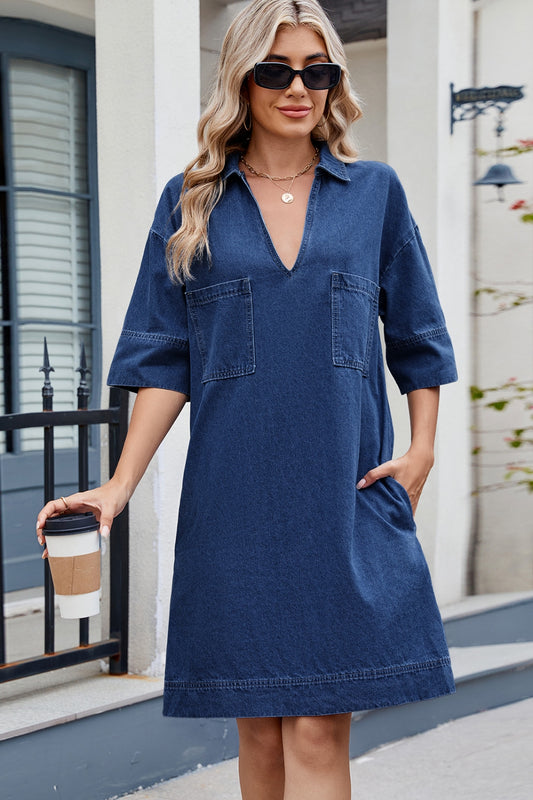 Johnny Collar Half Sleeve Denim Dress - felvior