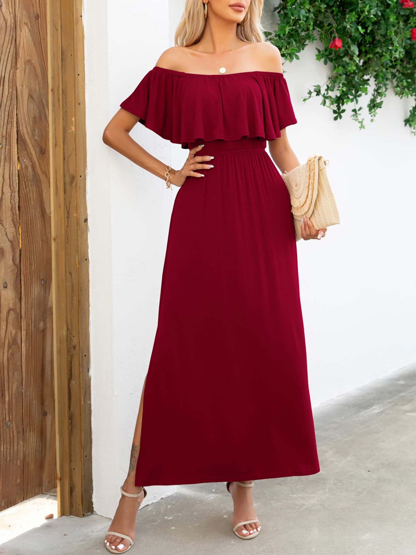 Off-Shoulder Slit Maxi Dress - felvior