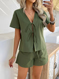 Devine Tied V-Neck Short Sleeve Top and Shorts Set - felvior
