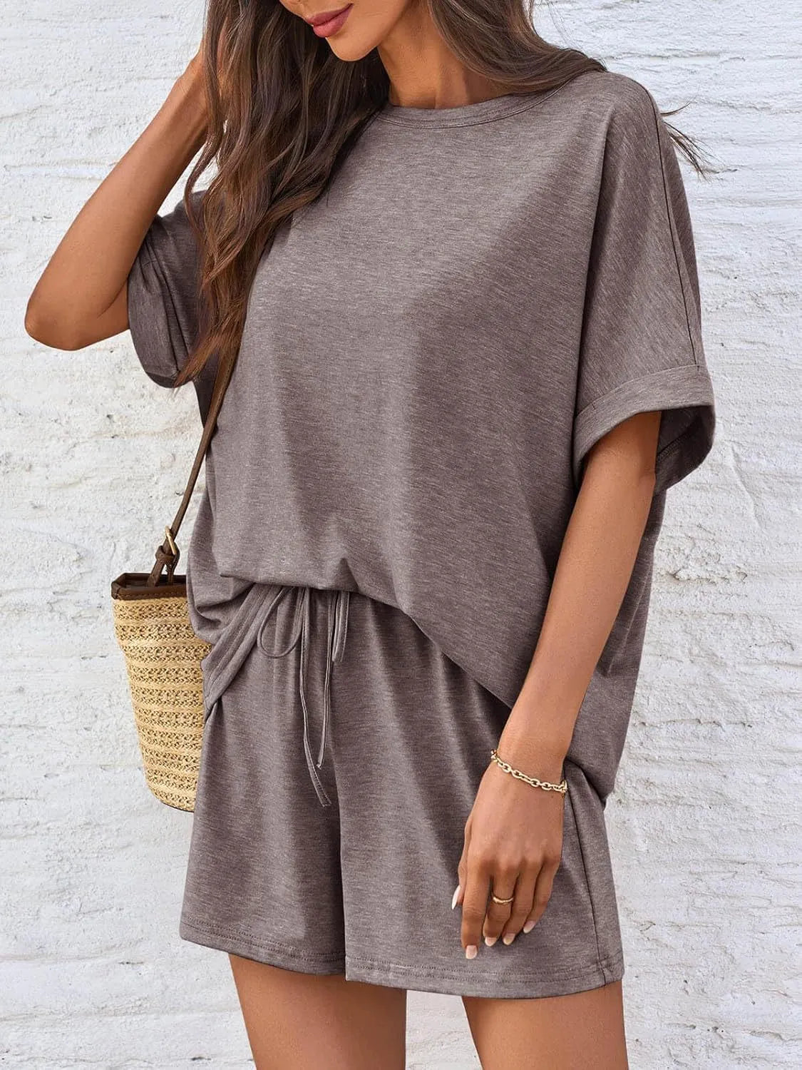 Round Neck Short Sleeve Top and Shorts Set - felvior