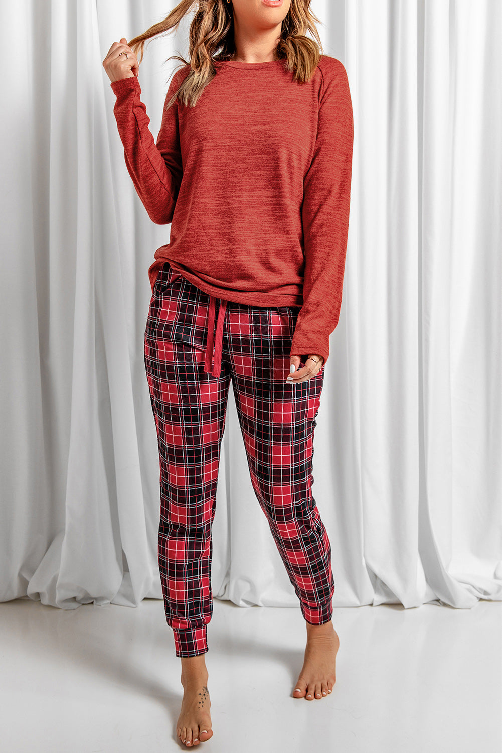 Round Neck Top and Drawstring Plaid Pants Lounge Set - felvior
