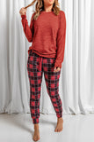 Round Neck Top and Drawstring Plaid Pants Lounge Set - felvior