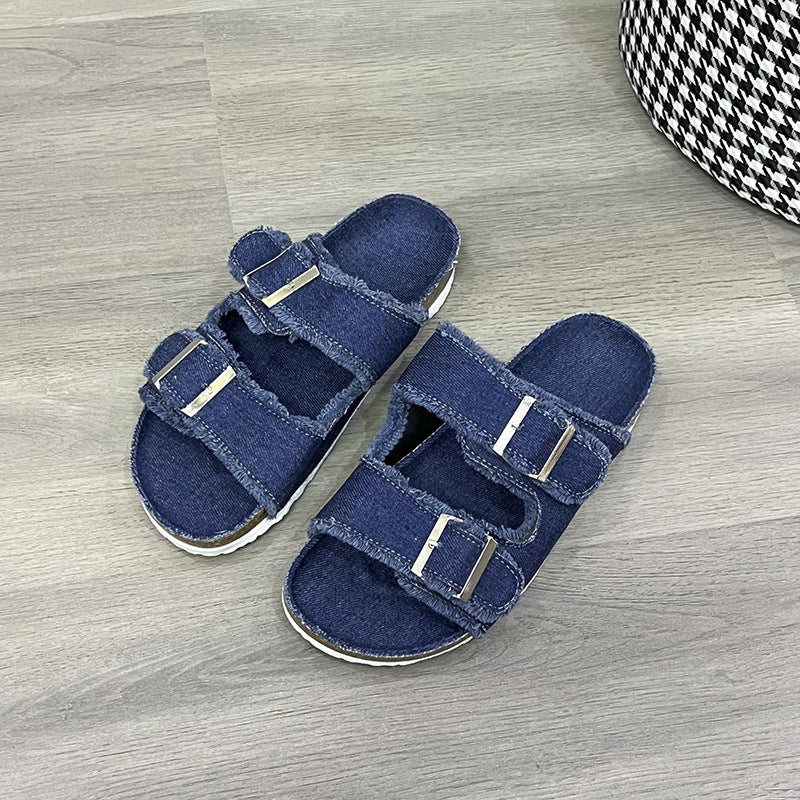 Raw Hem Open Toe Double Buckle Sandals - felvior