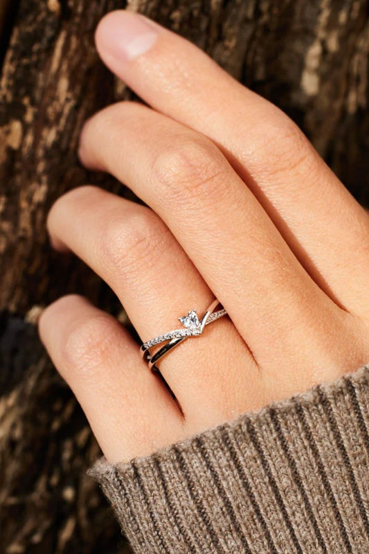 925 Sterling silver Inlaid Zircon Heart Open Ring - felvior