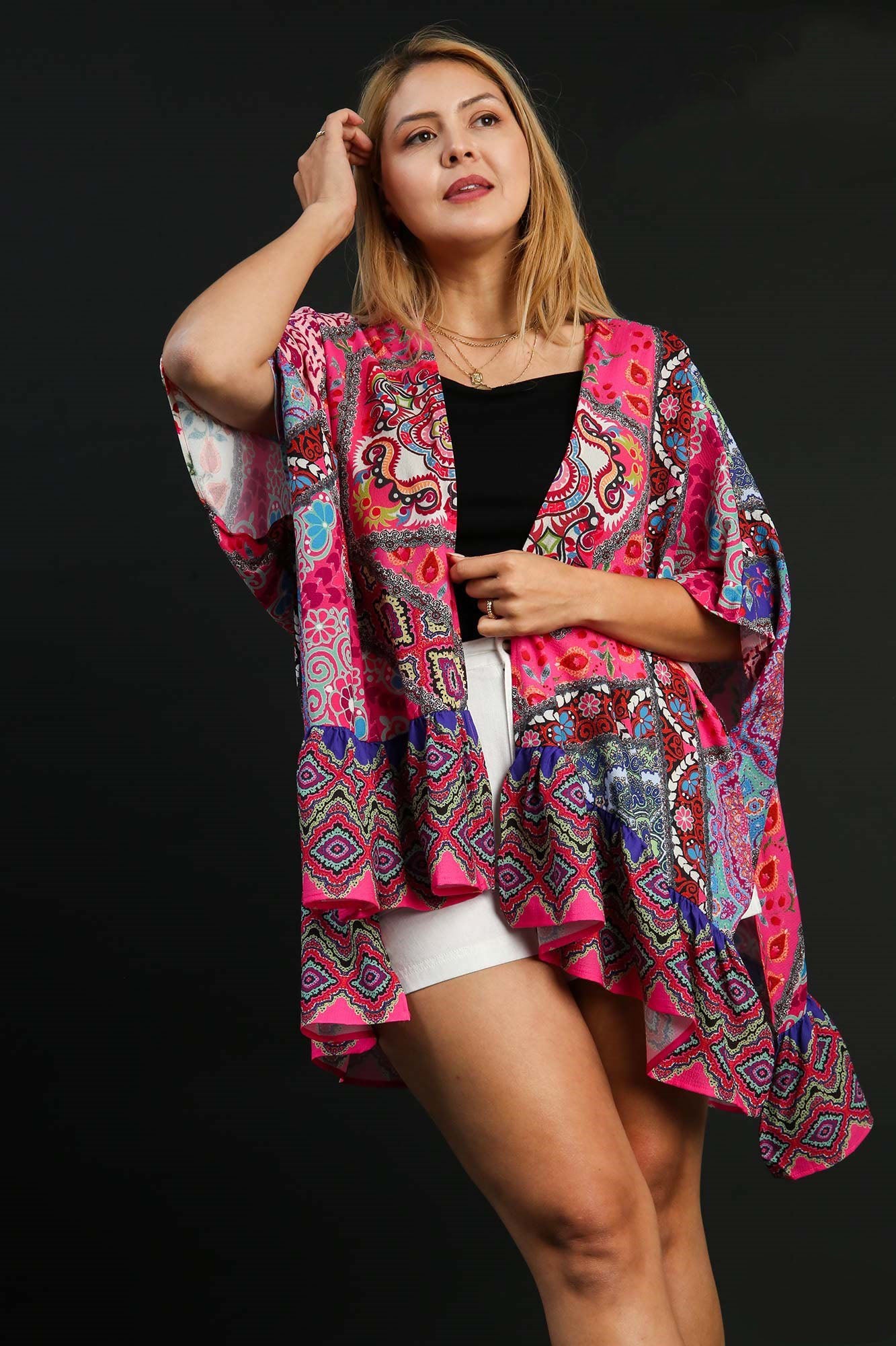 Umgee Full Size Mixed Print Ruffle Hem Open Front Cover Up Plus Size - felvior