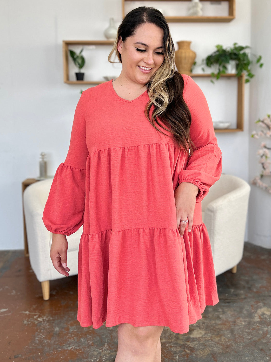 Double Take Full Size V-Neck Balloon Sleeve Tiered Dress with Pockets - felvior