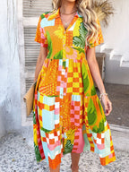 Devine Printed Johnny Collar Button Down Short Sleeve Midi Shirt Dress