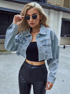 Distressed Raw Hem Cropped Denim Jacket