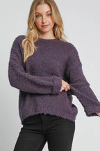 Umgee Full Size Round Neck Long Sleeve Boucle Sweater Plus Size