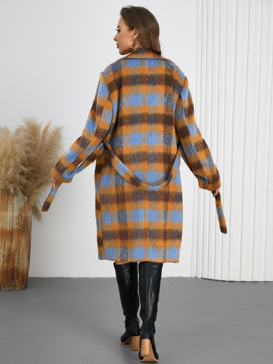 Tied Plaid Collared Neck Coat - felvior