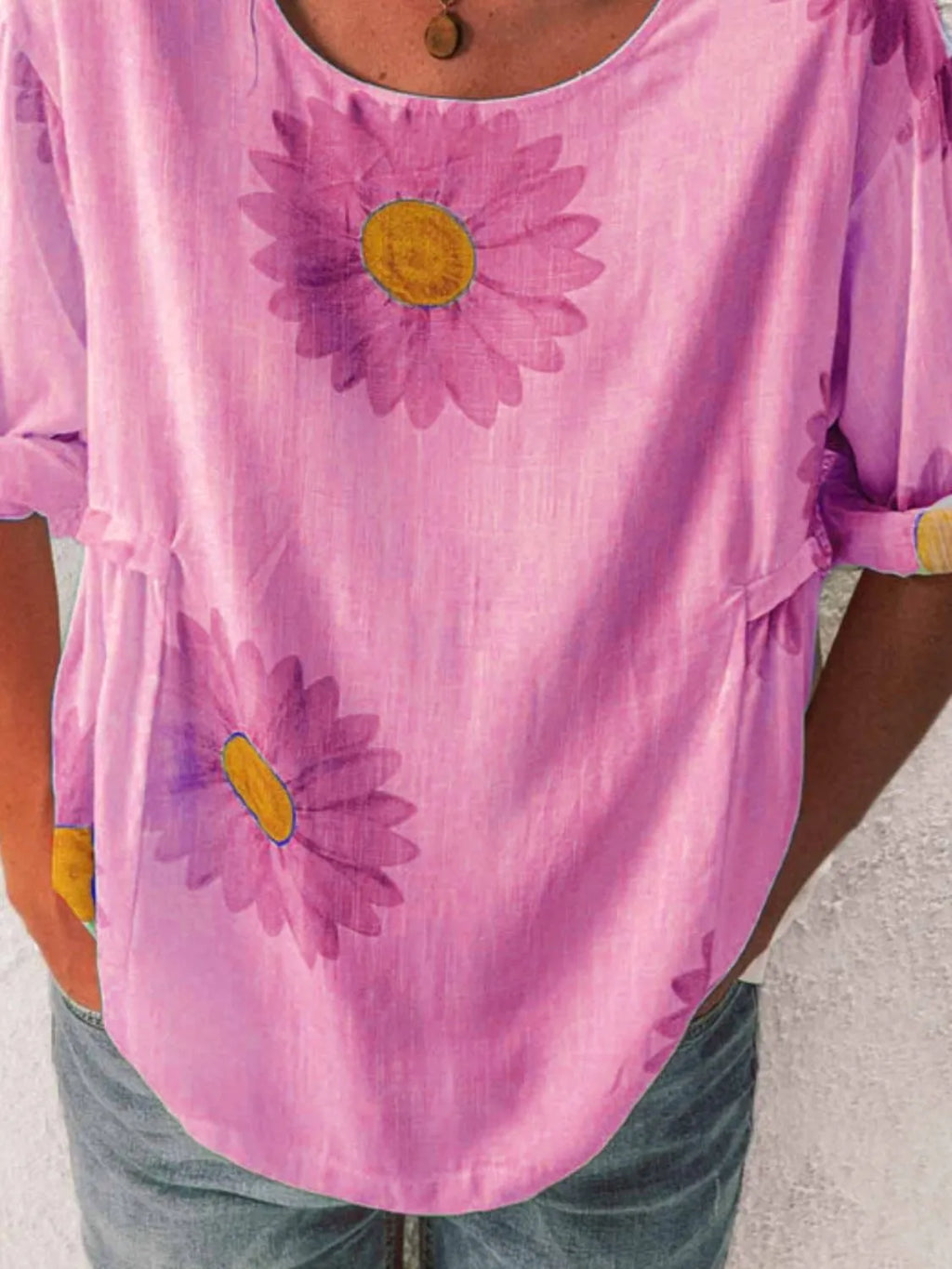 Full Size Flower Round Neck Half Sleeve T-Shirt Plus Size