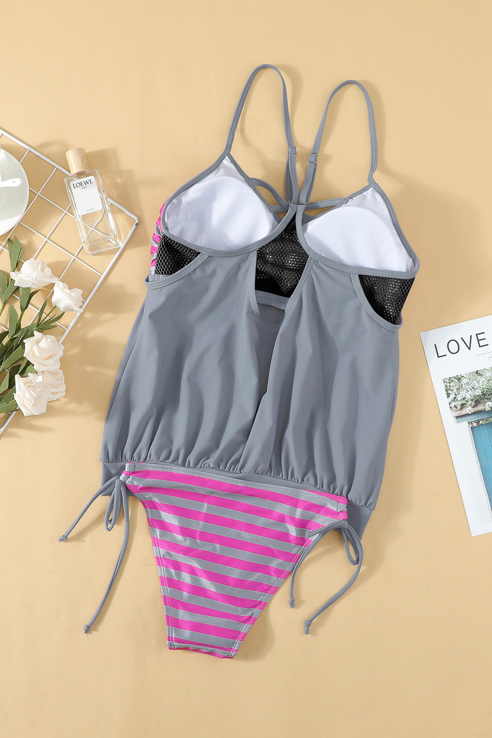 Crisscross Striped Spaghetti Strap Tankini Set - felvior
