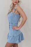 Ruffled Hem Button Front Square Neck Denim Dress - felvior