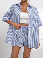 Striped Button Up Shirt and Shorts Set