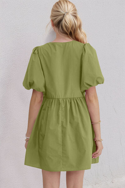 Oh Bow Ruched Puff Sleeve Mini Dress - felvior