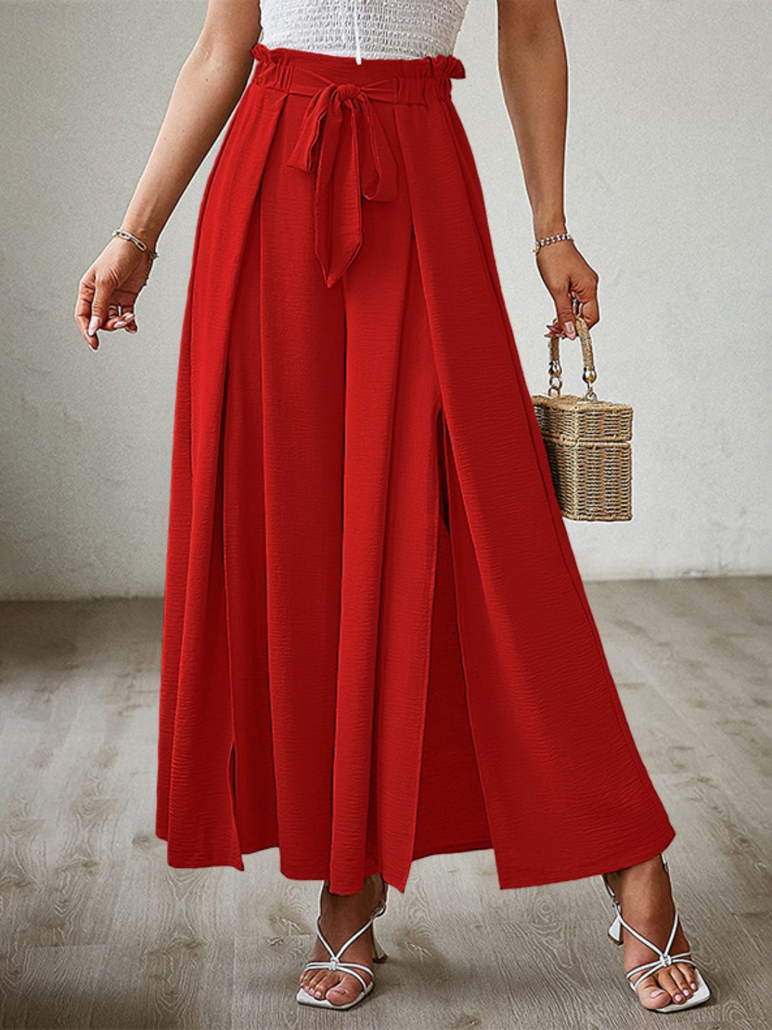 Tied Slit Wide Leg Pants - felvior
