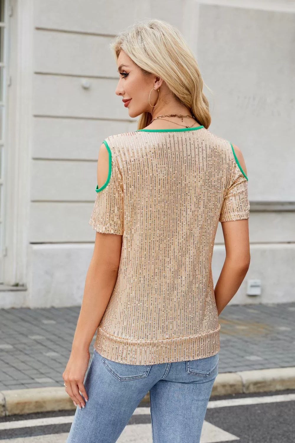 Sequin Crisscross V-Neck Cold Shoulder Blouse - felvior
