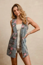 BiBi Floral Print Washed Denim Long Rider Vest