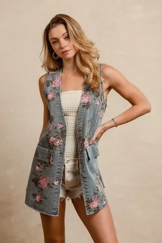 BiBi Floral Print Washed Denim Long Rider Vest