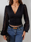 Lace Patchwork Plunge Long Sleeve Blouse - felvior