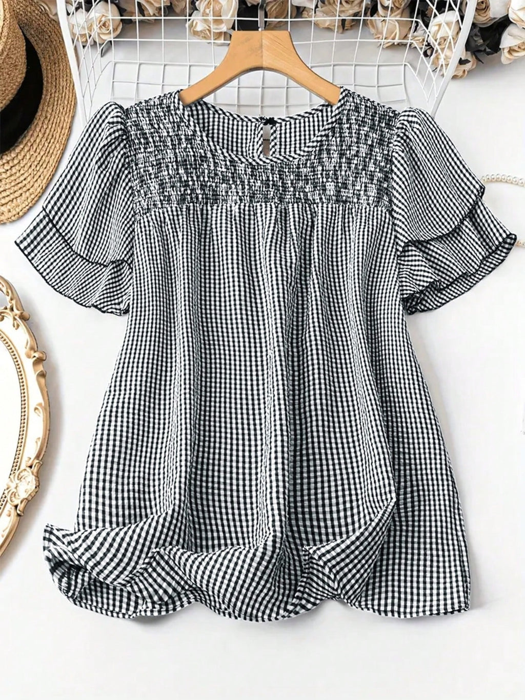 Smocked Plaid Round Neck Layered Short Sleeve Blouse