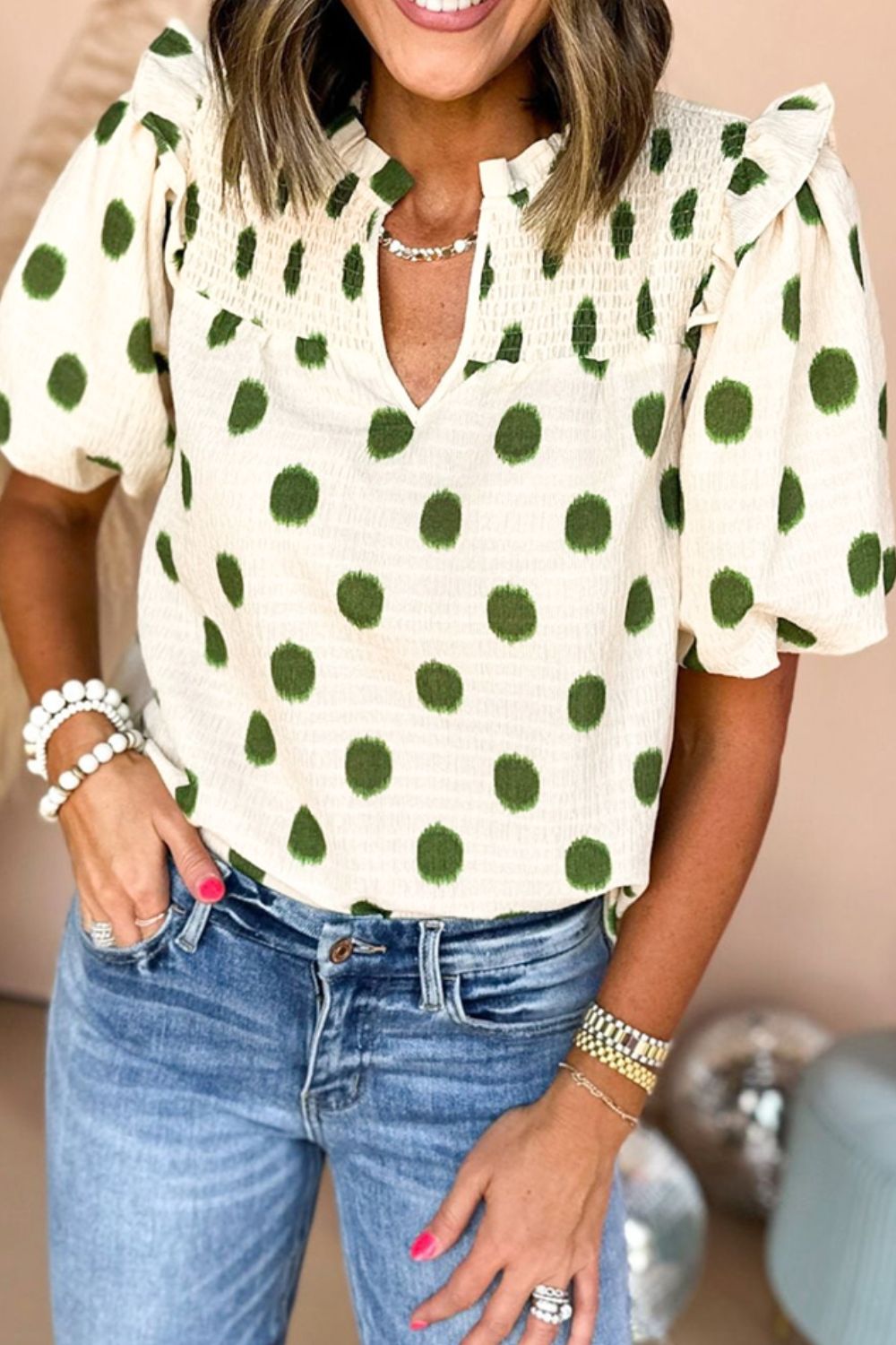 Polka Dot Shirred Yoke Notched Neck Puff Sleeve Blouse - felvior