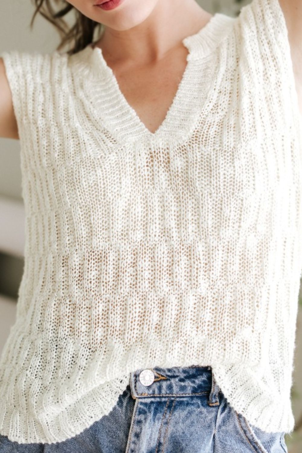 Notched Cap Sleeve Knit Top