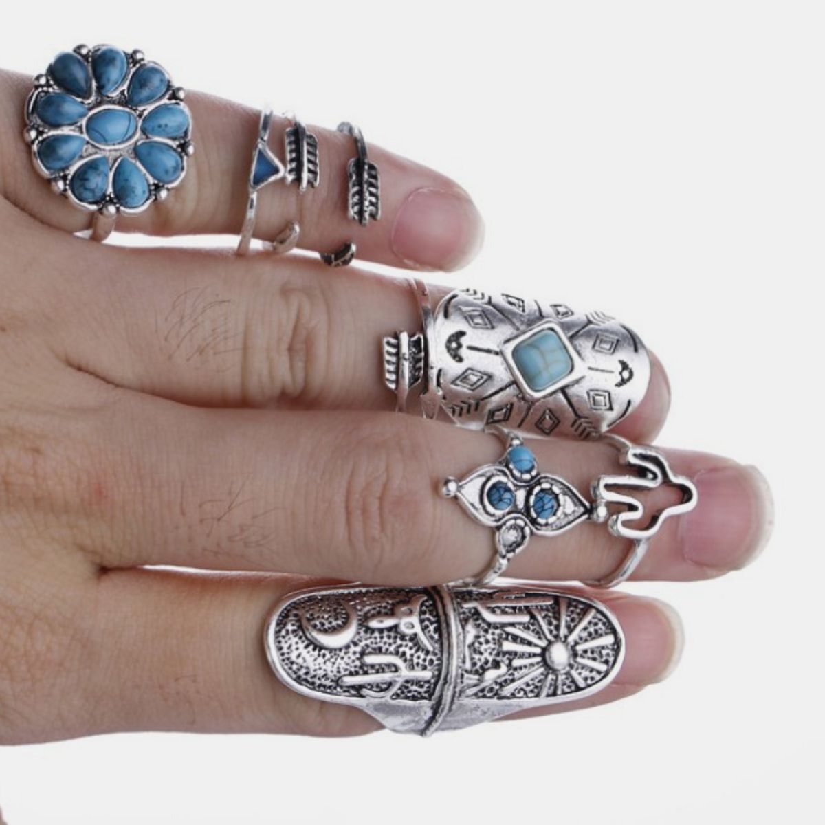 Alloy Turquoise 9-Piece Ring Set - felvior