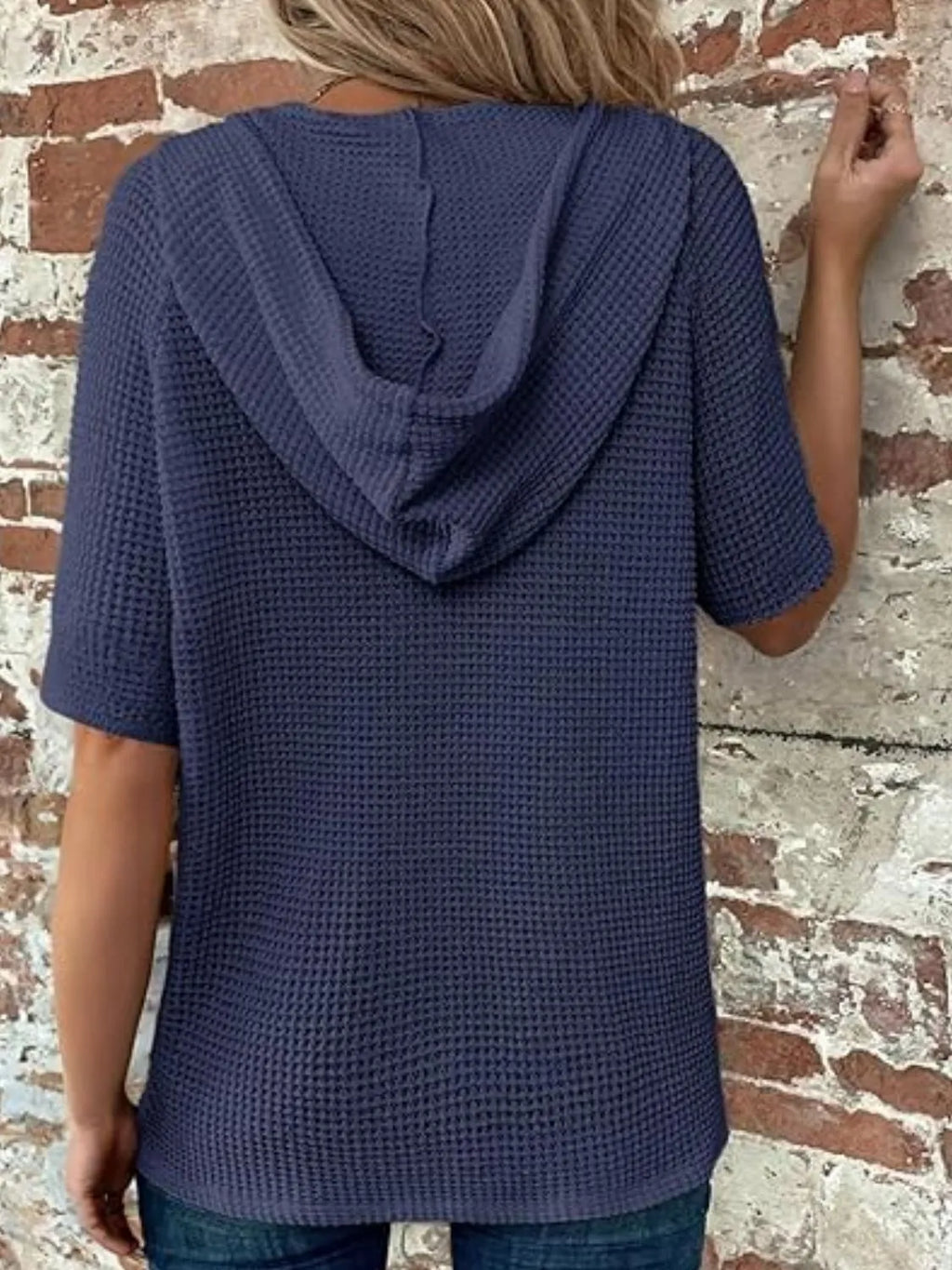 Drawstring Waffle-Knit Short Sleeve Hooded Top