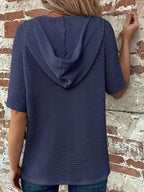 Drawstring Waffle-Knit Short Sleeve Hooded Top
