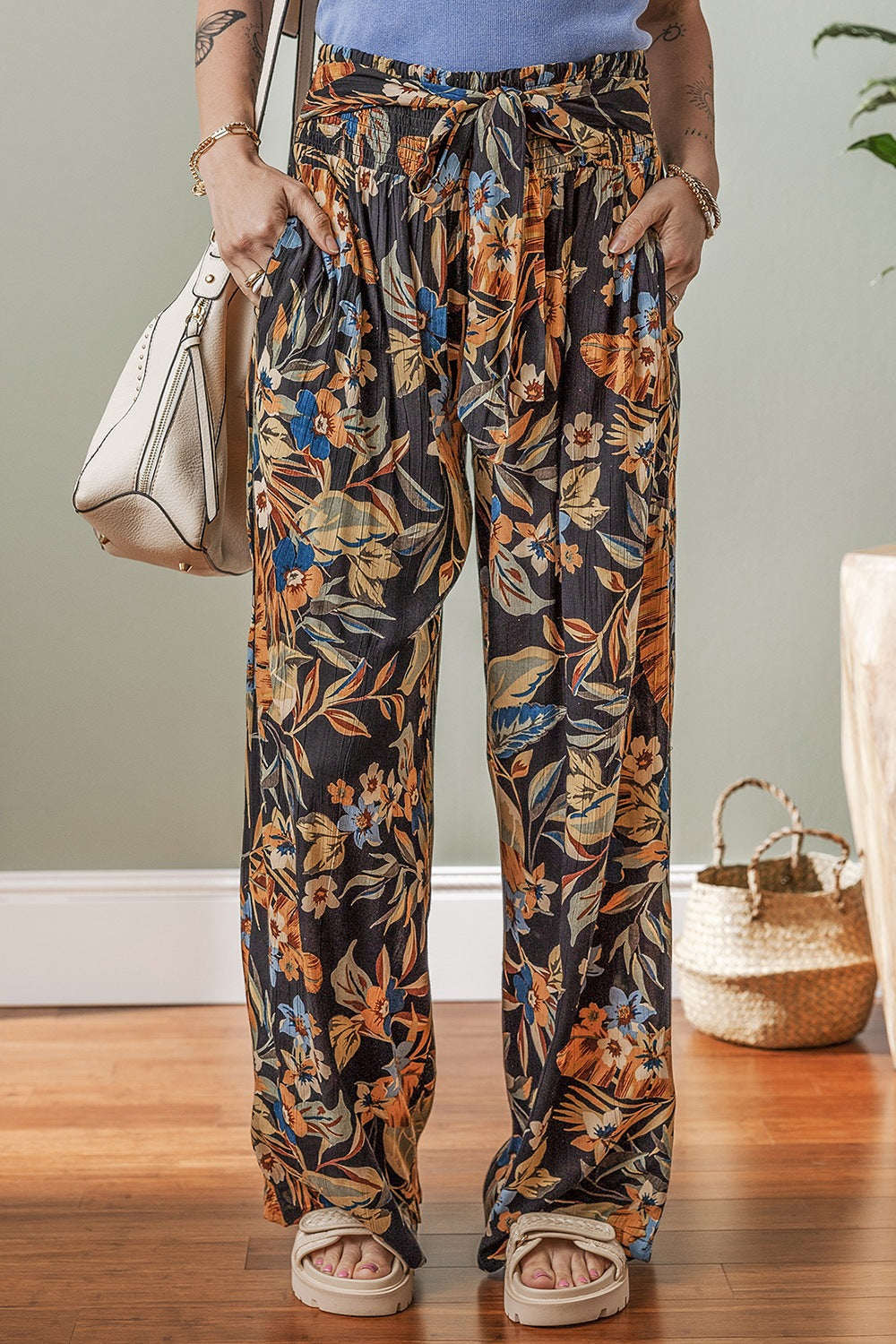 Floral Shirred High Waist Wide Leg Pants with Tie