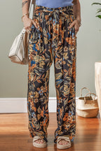 Floral Shirred High Waist Wide Leg Pants with Tie