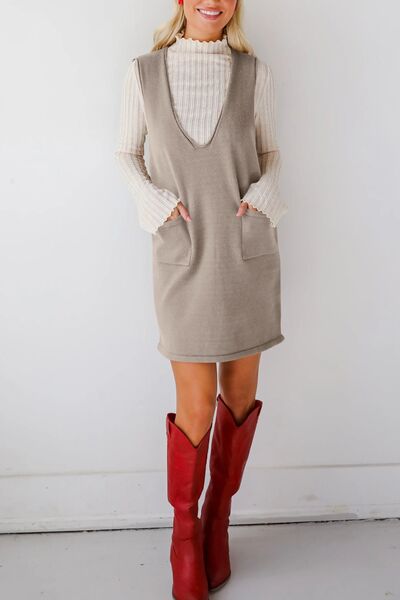 Lovelet Pocketed V-Neck Mini Sweater Overall Dress