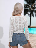 Openwork Drawstring V-Neck Long Sleeve Cover-Up - felvior