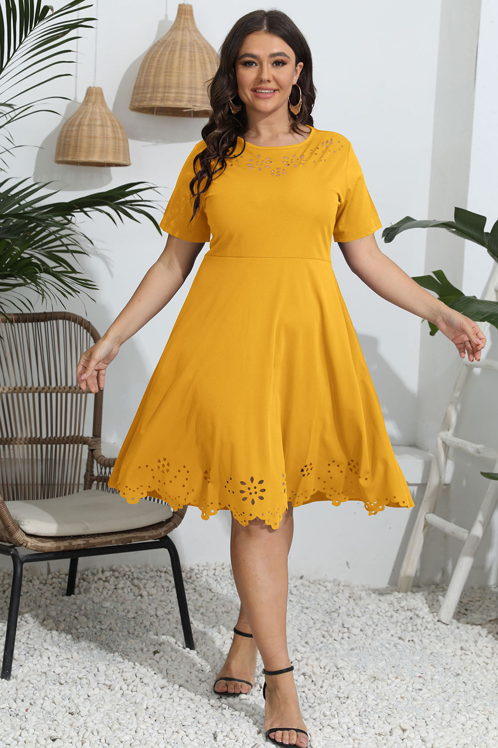 Plus Size Round Neck Openwork Dress - felvior
