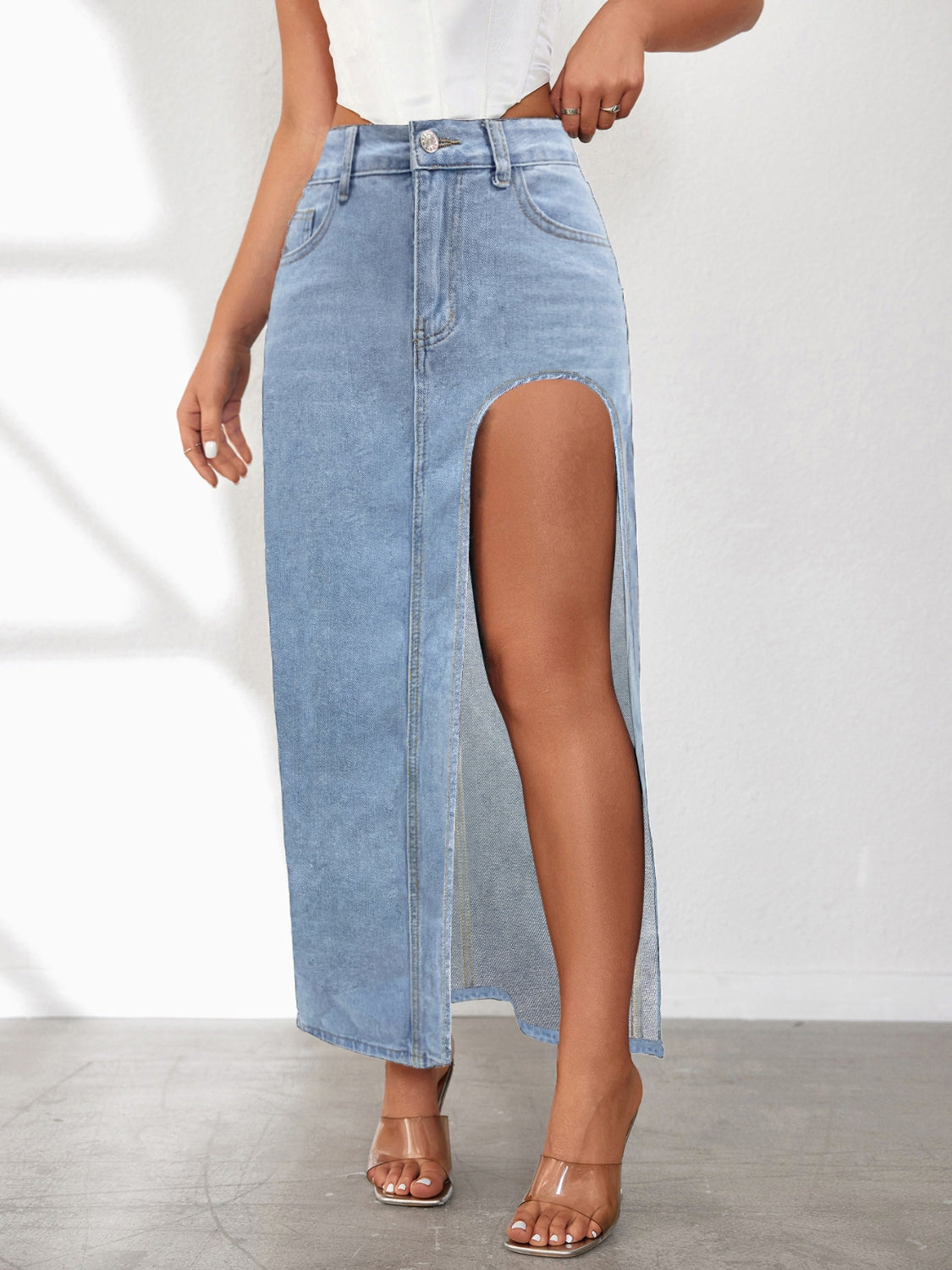 High Rise Slit Denim Skirt - felvior