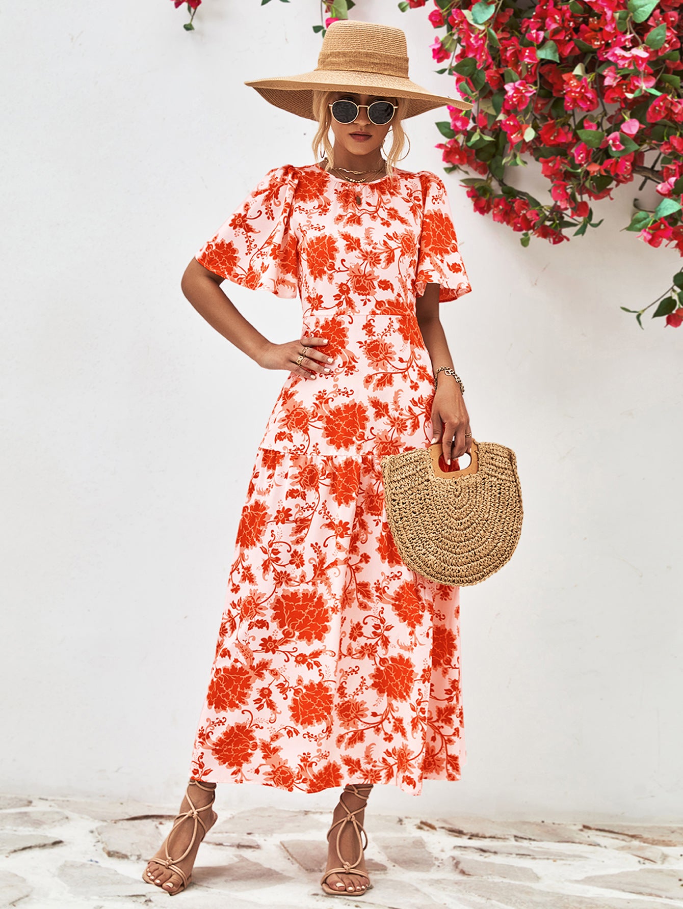 Floral Round Neck Tied Open Back Dress - felvior