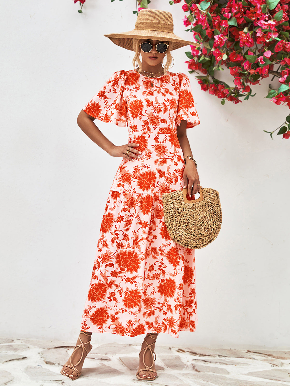Floral Round Neck Tied Open Back Dress - felvior